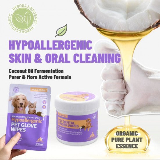 $43-Pet Portable Grooming Glove Wipe Set For Outdoors, Oral Care, Hypoallergenic & Dirt Removal